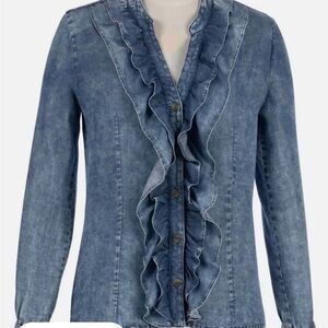 Kut from the Kloth Denim Blue Ruffle Button-Down Shirt